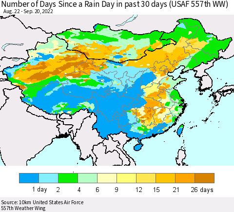 China, Mongolia and Taiwan Number of Days Since a Rain Day in past 30 days (USAF 557th WW) Thematic Map For 9/16/2022 - 9/20/2022