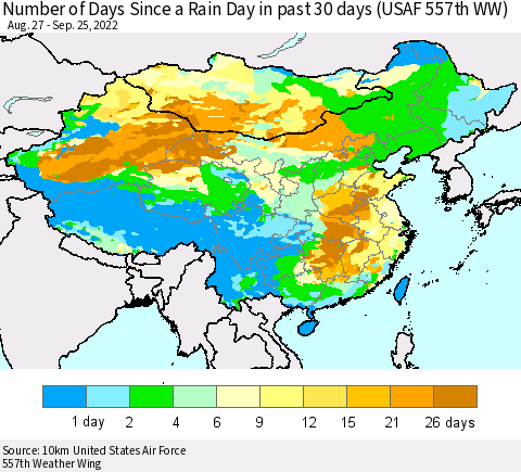 China, Mongolia and Taiwan Number of Days Since a Rain Day in past 30 days (USAF 557th WW) Thematic Map For 9/21/2022 - 9/25/2022