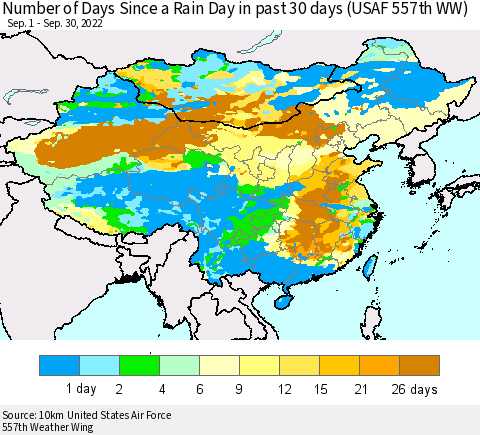 China, Mongolia and Taiwan Number of Days Since a Rain Day in past 30 days (USAF 557th WW) Thematic Map For 9/26/2022 - 9/30/2022