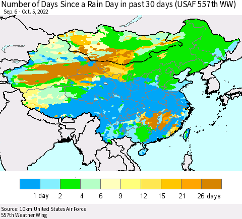 China, Mongolia and Taiwan Number of Days Since a Rain Day in past 30 days (USAF 557th WW) Thematic Map For 10/1/2022 - 10/5/2022
