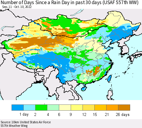 China, Mongolia and Taiwan Number of Days Since a Rain Day in past 30 days (USAF 557th WW) Thematic Map For 10/6/2022 - 10/10/2022