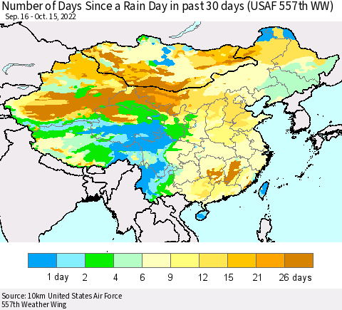 China, Mongolia and Taiwan Number of Days Since a Rain Day in past 30 days (USAF 557th WW) Thematic Map For 10/11/2022 - 10/15/2022