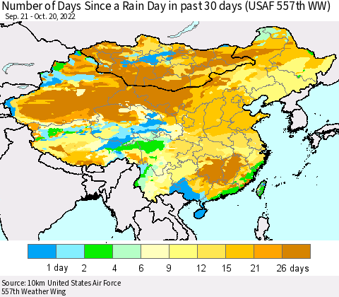 China, Mongolia and Taiwan Number of Days Since a Rain Day in past 30 days (USAF 557th WW) Thematic Map For 10/16/2022 - 10/20/2022