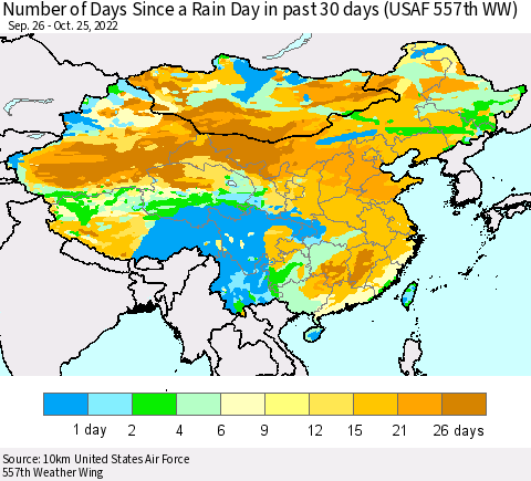 China, Mongolia and Taiwan Number of Days Since a Rain Day in past 30 days (USAF 557th WW) Thematic Map For 10/21/2022 - 10/25/2022