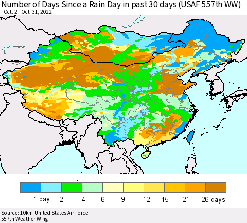 China, Mongolia and Taiwan Number of Days Since a Rain Day in past 30 days (USAF 557th WW) Thematic Map For 10/26/2022 - 10/31/2022