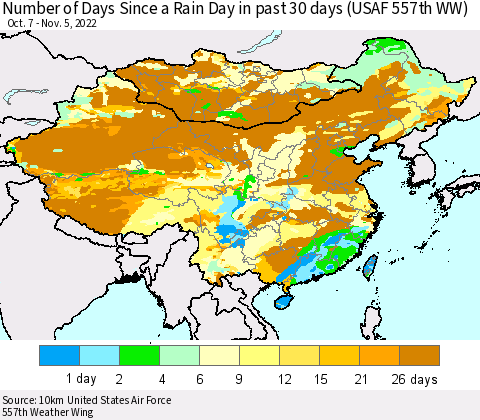 China, Mongolia and Taiwan Number of Days Since a Rain Day in past 30 days (USAF 557th WW) Thematic Map For 11/1/2022 - 11/5/2022
