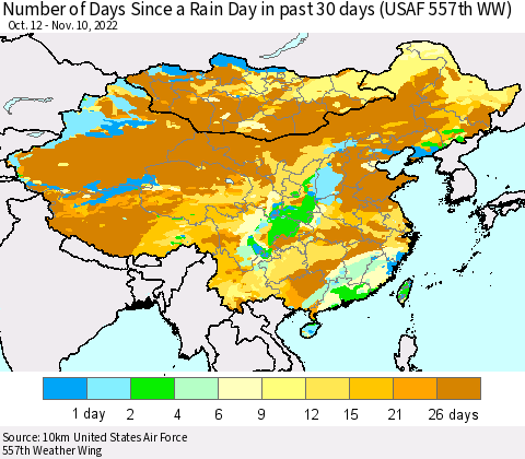 China, Mongolia and Taiwan Number of Days Since a Rain Day in past 30 days (USAF 557th WW) Thematic Map For 11/6/2022 - 11/10/2022