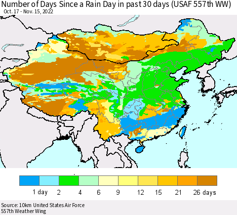 China, Mongolia and Taiwan Number of Days Since a Rain Day in past 30 days (USAF 557th WW) Thematic Map For 11/11/2022 - 11/15/2022
