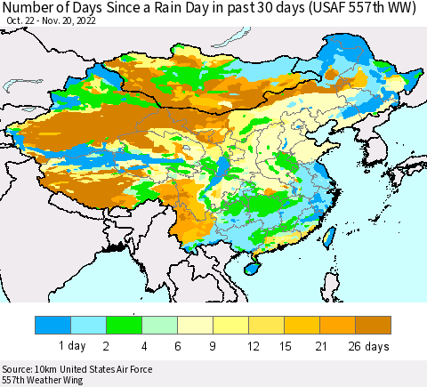 China, Mongolia and Taiwan Number of Days Since a Rain Day in past 30 days (USAF 557th WW) Thematic Map For 11/16/2022 - 11/20/2022