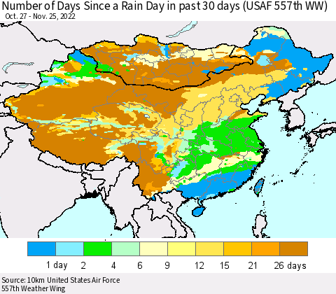 China, Mongolia and Taiwan Number of Days Since a Rain Day in past 30 days (USAF 557th WW) Thematic Map For 11/21/2022 - 11/25/2022