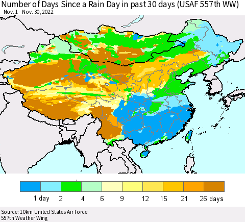 China, Mongolia and Taiwan Number of Days Since a Rain Day in past 30 days (USAF 557th WW) Thematic Map For 11/26/2022 - 11/30/2022