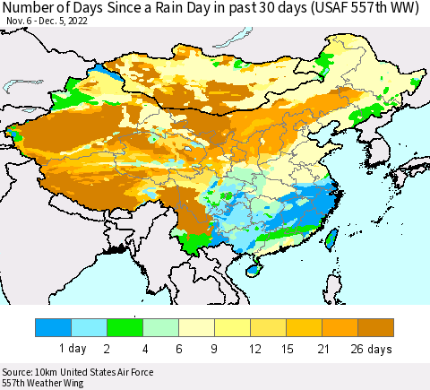 China, Mongolia and Taiwan Number of Days Since a Rain Day in past 30 days (USAF 557th WW) Thematic Map For 12/1/2022 - 12/5/2022