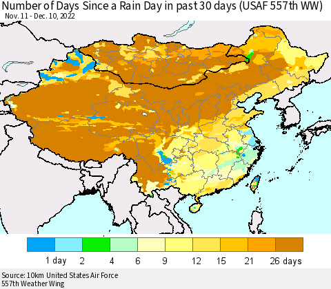 China, Mongolia and Taiwan Number of Days Since a Rain Day in past 30 days (USAF 557th WW) Thematic Map For 12/6/2022 - 12/10/2022