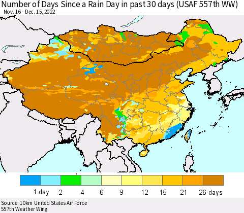 China, Mongolia and Taiwan Number of Days Since a Rain Day in past 30 days (USAF 557th WW) Thematic Map For 12/11/2022 - 12/15/2022