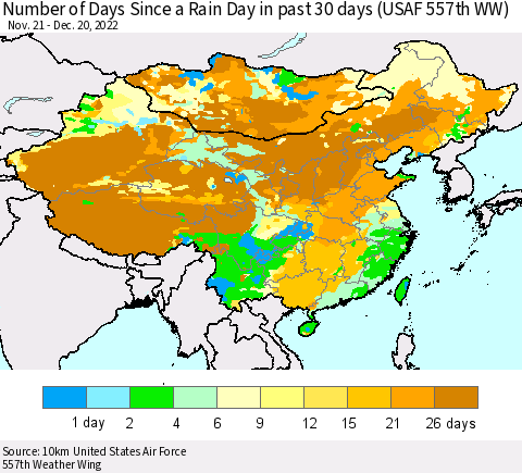 China, Mongolia and Taiwan Number of Days Since a Rain Day in past 30 days (USAF 557th WW) Thematic Map For 12/16/2022 - 12/20/2022