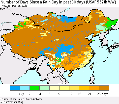 China, Mongolia and Taiwan Number of Days Since a Rain Day in past 30 days (USAF 557th WW) Thematic Map For 12/21/2022 - 12/25/2022