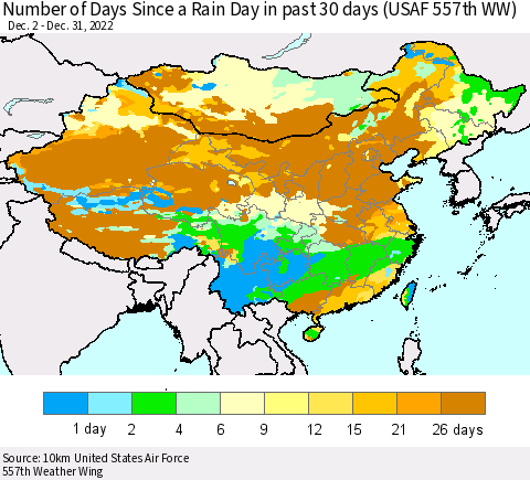 China, Mongolia and Taiwan Number of Days Since a Rain Day in past 30 days (USAF 557th WW) Thematic Map For 12/26/2022 - 12/31/2022