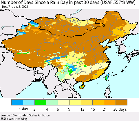China, Mongolia and Taiwan Number of Days Since a Rain Day in past 30 days (USAF 557th WW) Thematic Map For 1/1/2023 - 1/5/2023