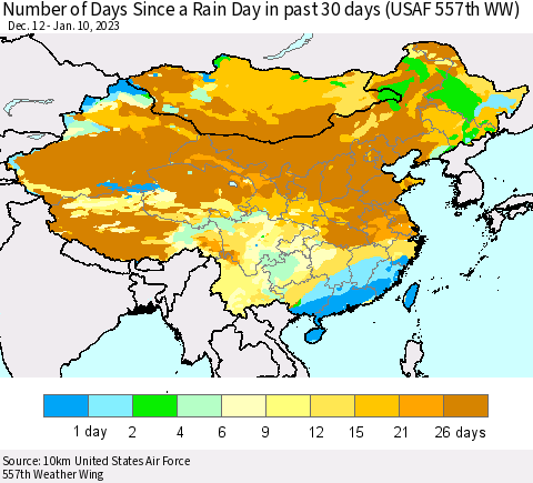 China, Mongolia and Taiwan Number of Days Since a Rain Day in past 30 days (USAF 557th WW) Thematic Map For 1/6/2023 - 1/10/2023