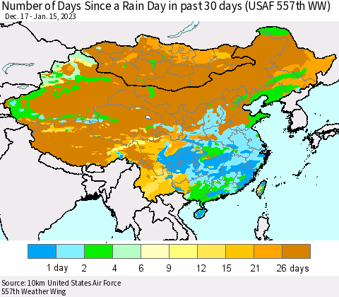 China, Mongolia and Taiwan Number of Days Since a Rain Day in past 30 days (USAF 557th WW) Thematic Map For 1/11/2023 - 1/15/2023