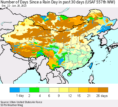 China, Mongolia and Taiwan Number of Days Since a Rain Day in past 30 days (USAF 557th WW) Thematic Map For 1/16/2023 - 1/20/2023