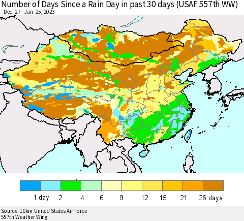 China, Mongolia and Taiwan Number of Days Since a Rain Day in past 30 days (USAF 557th WW) Thematic Map For 1/21/2023 - 1/25/2023