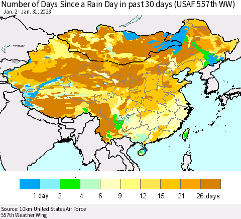 China, Mongolia and Taiwan Number of Days Since a Rain Day in past 30 days (USAF 557th WW) Thematic Map For 1/26/2023 - 1/31/2023