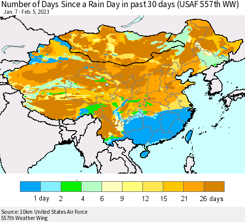 China, Mongolia and Taiwan Number of Days Since a Rain Day in past 30 days (USAF 557th WW) Thematic Map For 2/1/2023 - 2/5/2023