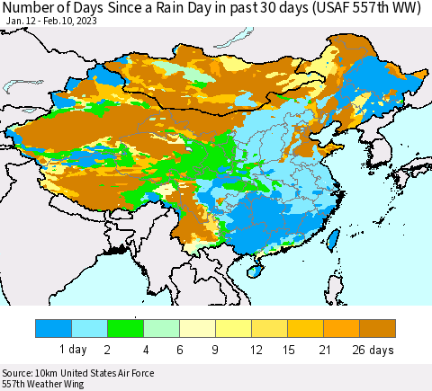 China, Mongolia and Taiwan Number of Days Since a Rain Day in past 30 days (USAF 557th WW) Thematic Map For 2/6/2023 - 2/10/2023