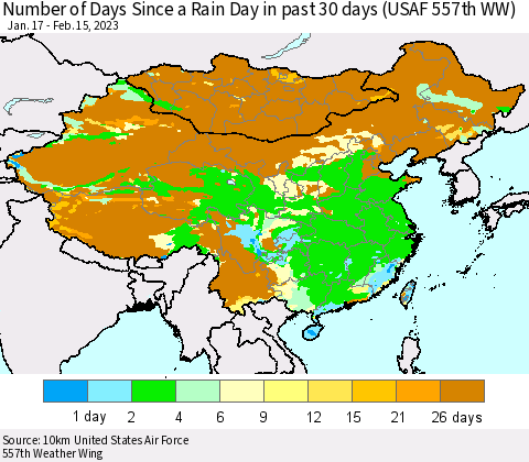 China, Mongolia and Taiwan Number of Days Since a Rain Day in past 30 days (USAF 557th WW) Thematic Map For 2/11/2023 - 2/15/2023