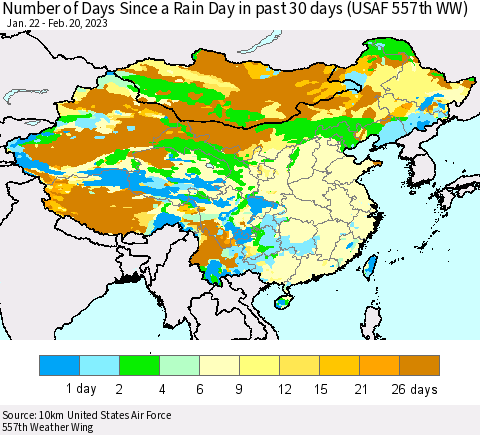China, Mongolia and Taiwan Number of Days Since a Rain Day in past 30 days (USAF 557th WW) Thematic Map For 2/16/2023 - 2/20/2023