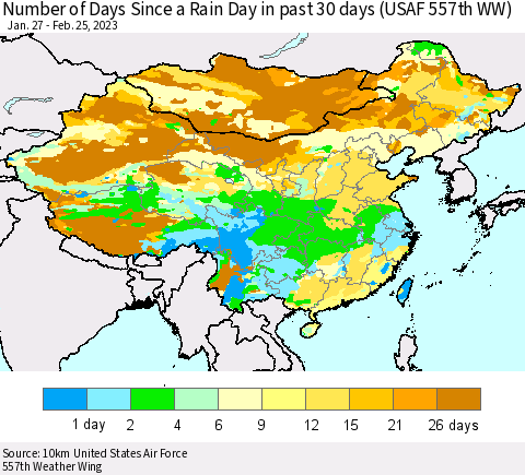 China, Mongolia and Taiwan Number of Days Since a Rain Day in past 30 days (USAF 557th WW) Thematic Map For 2/21/2023 - 2/25/2023