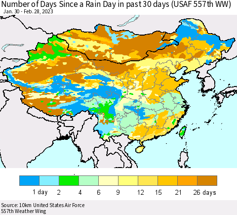 China, Mongolia and Taiwan Number of Days Since a Rain Day in past 30 days (USAF 557th WW) Thematic Map For 2/26/2023 - 2/28/2023