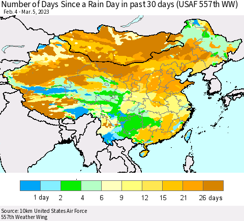 China, Mongolia and Taiwan Number of Days Since a Rain Day in past 30 days (USAF 557th WW) Thematic Map For 3/1/2023 - 3/5/2023