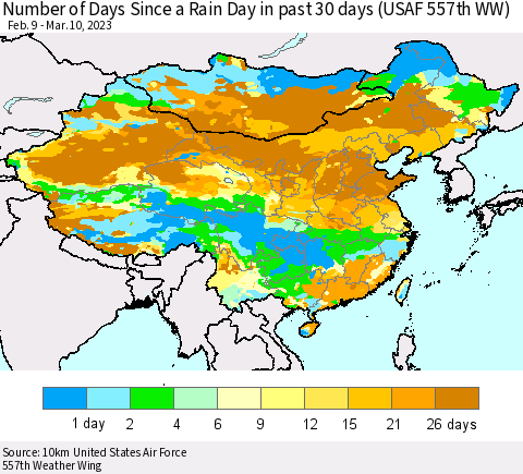 China, Mongolia and Taiwan Number of Days Since a Rain Day in past 30 days (USAF 557th WW) Thematic Map For 3/6/2023 - 3/10/2023