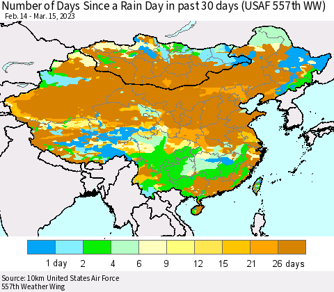 China, Mongolia and Taiwan Number of Days Since a Rain Day in past 30 days (USAF 557th WW) Thematic Map For 3/11/2023 - 3/15/2023
