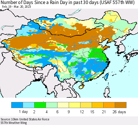 China, Mongolia and Taiwan Number of Days Since a Rain Day in past 30 days (USAF 557th WW) Thematic Map For 3/16/2023 - 3/20/2023