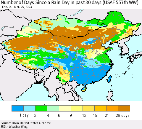 China, Mongolia and Taiwan Number of Days Since a Rain Day in past 30 days (USAF 557th WW) Thematic Map For 3/21/2023 - 3/25/2023