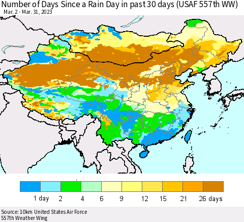China, Mongolia and Taiwan Number of Days Since a Rain Day in past 30 days (USAF 557th WW) Thematic Map For 3/26/2023 - 3/31/2023