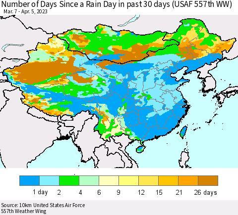 China, Mongolia and Taiwan Number of Days Since a Rain Day in past 30 days (USAF 557th WW) Thematic Map For 4/1/2023 - 4/5/2023