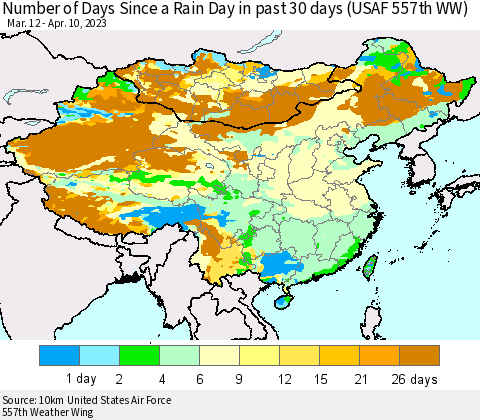 China, Mongolia and Taiwan Number of Days Since a Rain Day in past 30 days (USAF 557th WW) Thematic Map For 4/6/2023 - 4/10/2023