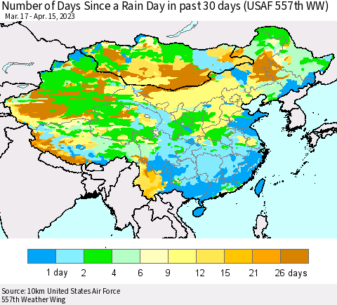 China, Mongolia and Taiwan Number of Days Since a Rain Day in past 30 days (USAF 557th WW) Thematic Map For 4/11/2023 - 4/15/2023