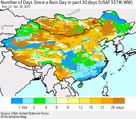China, Mongolia and Taiwan Number of Days Since a Rain Day in past 30 days (USAF 557th WW) Thematic Map For 4/16/2023 - 4/20/2023