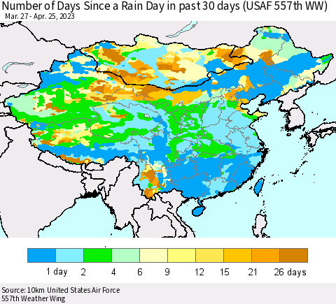 China, Mongolia and Taiwan Number of Days Since a Rain Day in past 30 days (USAF 557th WW) Thematic Map For 4/21/2023 - 4/25/2023