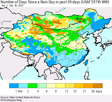 China, Mongolia and Taiwan Number of Days Since a Rain Day in past 30 days (USAF 557th WW) Thematic Map For 4/26/2023 - 4/30/2023