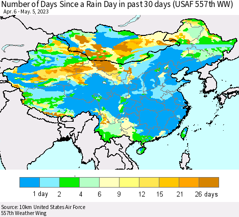 China, Mongolia and Taiwan Number of Days Since a Rain Day in past 30 days (USAF 557th WW) Thematic Map For 5/1/2023 - 5/5/2023