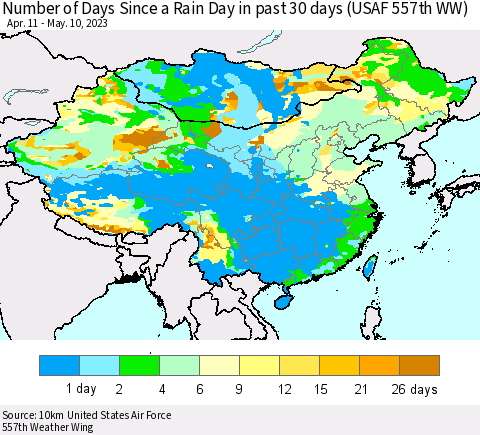 China, Mongolia and Taiwan Number of Days Since a Rain Day in past 30 days (USAF 557th WW) Thematic Map For 5/6/2023 - 5/10/2023