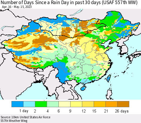 China, Mongolia and Taiwan Number of Days Since a Rain Day in past 30 days (USAF 557th WW) Thematic Map For 5/11/2023 - 5/15/2023