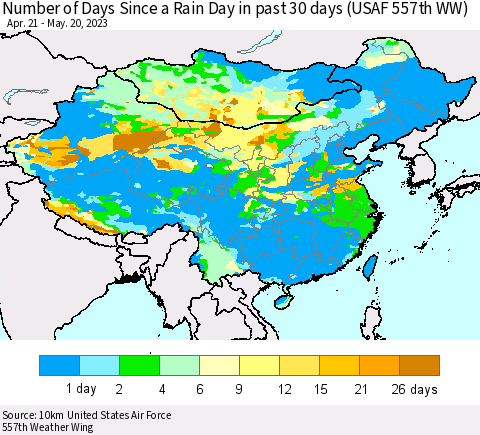China, Mongolia and Taiwan Number of Days Since a Rain Day in past 30 days (USAF 557th WW) Thematic Map For 5/16/2023 - 5/20/2023