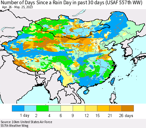 China, Mongolia and Taiwan Number of Days Since a Rain Day in past 30 days (USAF 557th WW) Thematic Map For 5/21/2023 - 5/25/2023